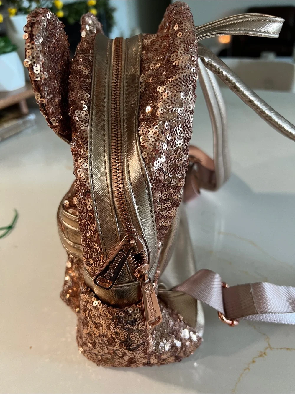 Loungefly Rose Gold Sequin Mini Backpack with Metallic Bow Ears